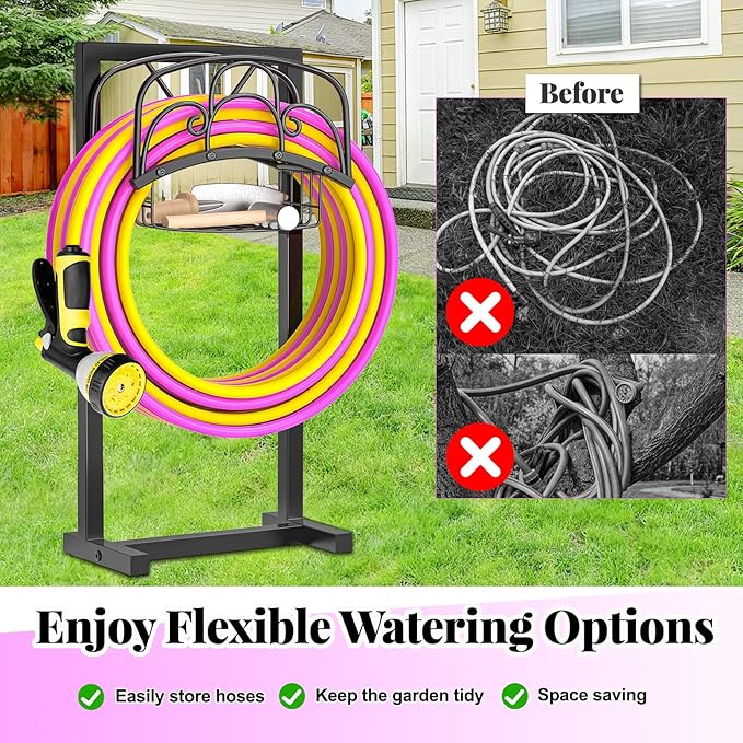 Garden Hose Holder,Heavy Duty Freestanding Detachable Storage Reel Stand,Upgraded 4 Spikes Hose Hanger for Outside Yard Lawn (curved line with Storage Basket)