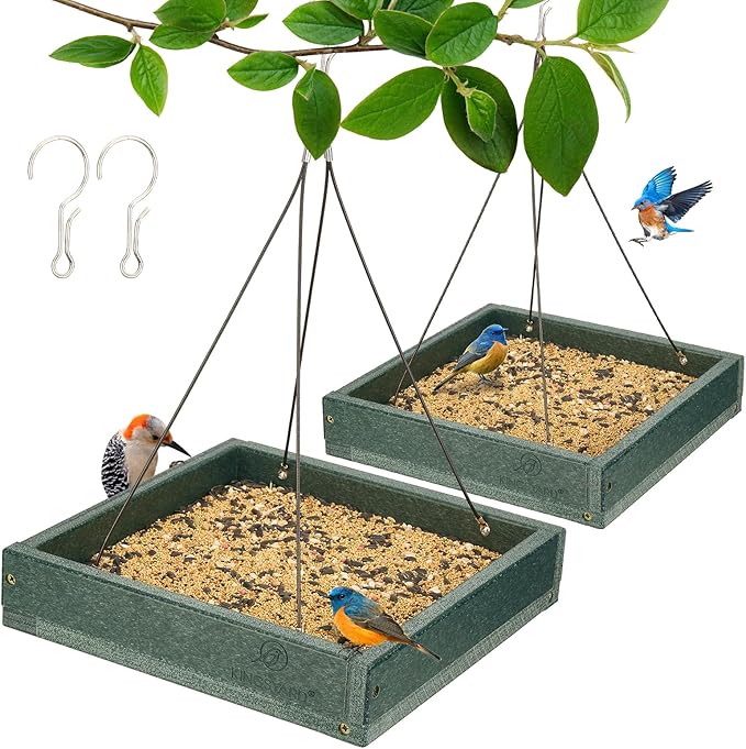 Kingsyard 2 Pack Platform Bird Feeder Tray for Outdoor Hanging - Durable Recycled Plastic & Metal Mesh, Large 3.5 lbs Capacity, Ideal for Attracting Large Birds, Green