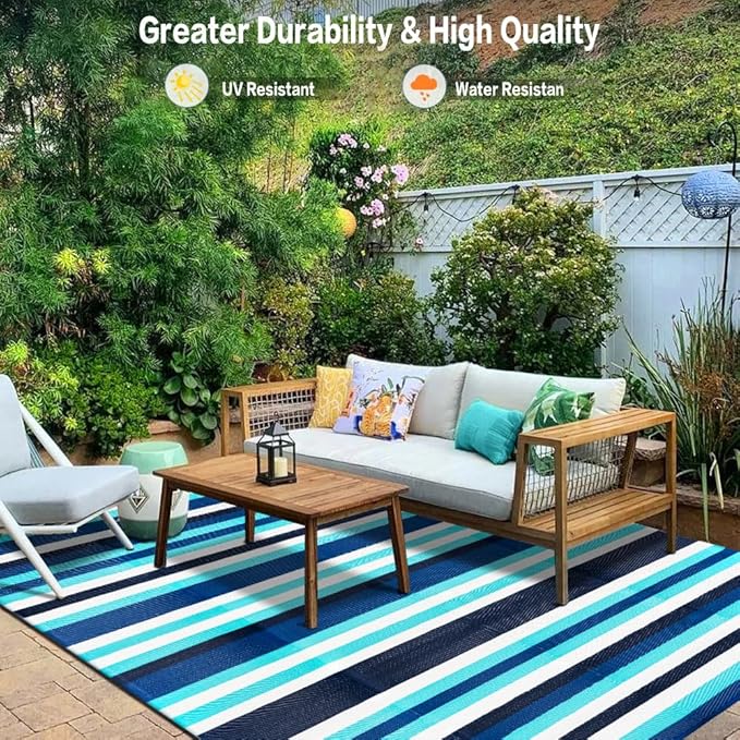 HUGEAR Outdoor Waterproof Rug 6'x9' Plastic Straw Rugs Washable Reversible Floor Mat Blue Stripe Carpet for Camping RV Deck Entryance Porch Picnic Balcony Beach Backyard