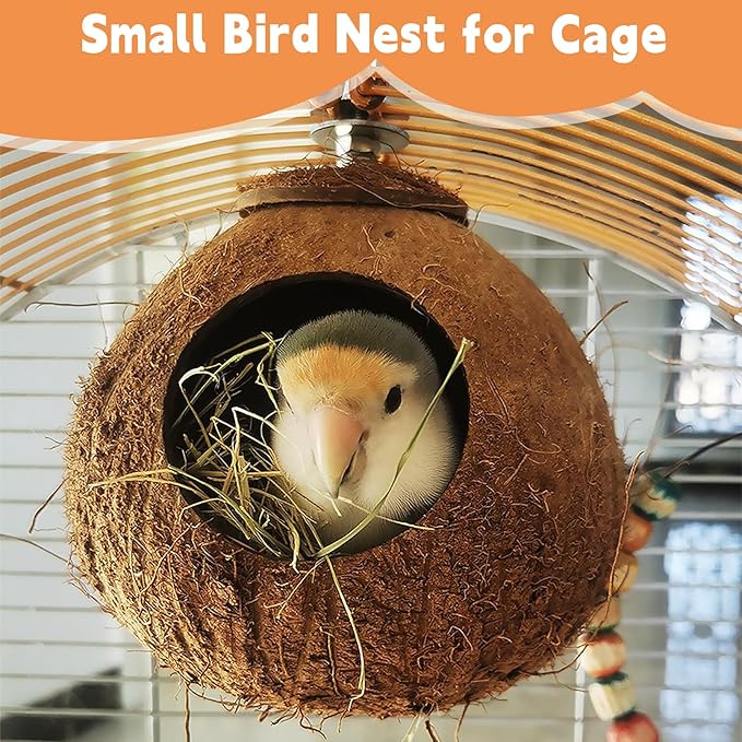Coconut Bird Nest for Cage Natural Coconut Shell Birds House 2 Pack Parakeet Small Coconut Hide Breeding Hut Bird Cage Accessories for Parrot Lovebirds Budgies Cockatiel Conure Finch Canary