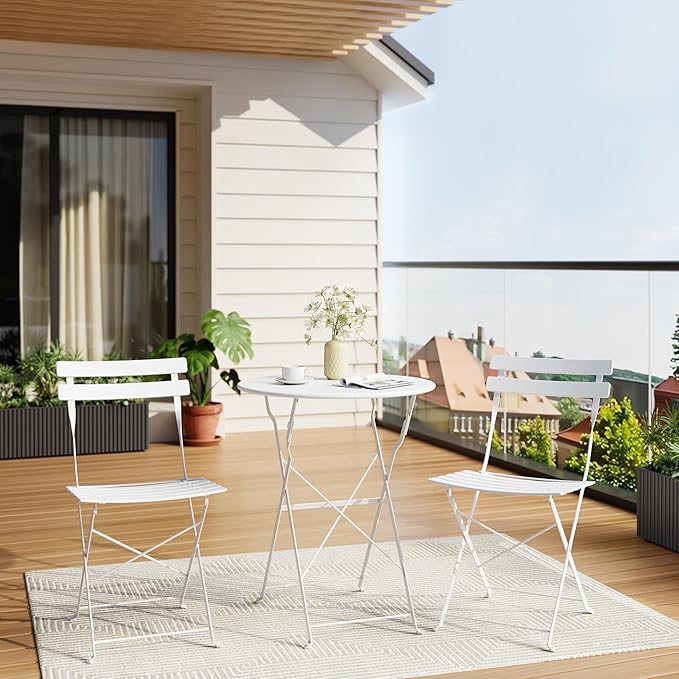 Bistro Table and Chairs Set of 2, 3 Piece Outdoor/Indoor Folding Patio Bistro Sets, 2 Chair Patio Furniture Set with Table, Premium Frame Foldable Coffee Tables for Balcony, Yard, Garden, White