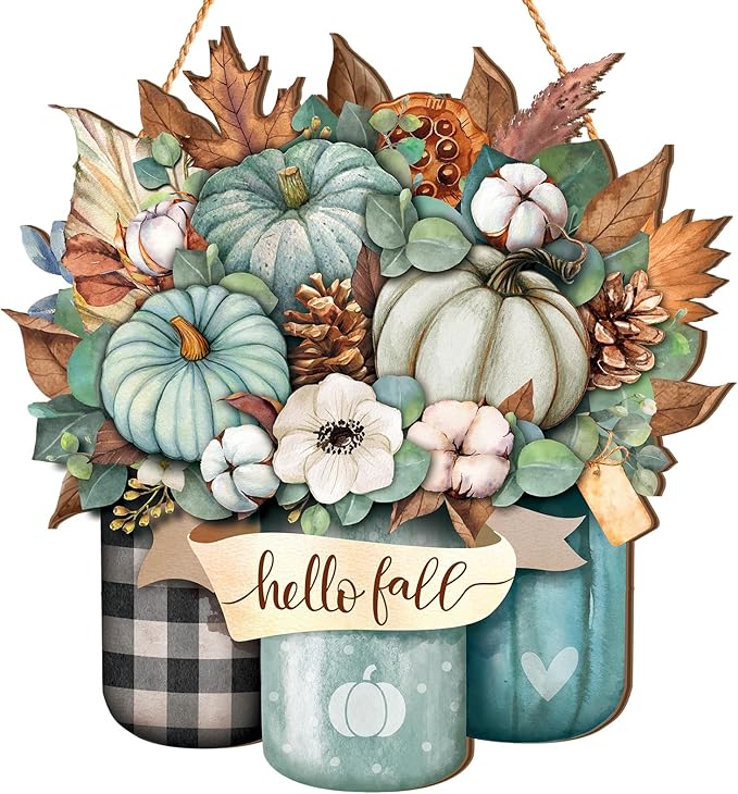 Boao Blue Thanksgiving Door Decorations for Home Thanksgiving Decor Pumpkin Plaid Hanging Sign Wooden Front Door Hanger for Autumn Harvest Fall Porch Indoor Outdoor Home Decorations