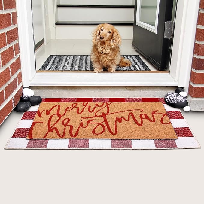 Tinideya 2 Pcs Christmas Door Mat Xmas Welcome Non Slip Coir Mats Merry Christmas Red White Buffalo Plaid Floor Layering Doormats Seasonal for Front Porch Entryway Decor(Red White Buffalo)