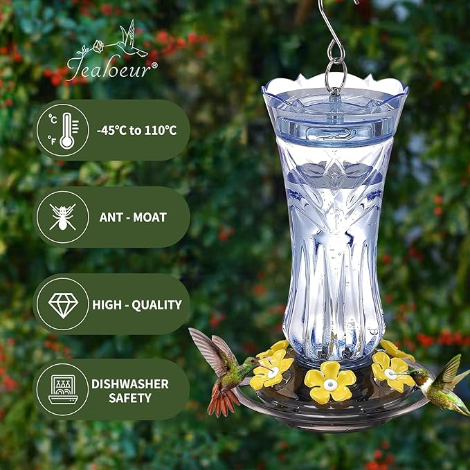 Hummingbird Feeder for Outdoors Hanging, 18 OZ Humming Birds Feeders with 6 Bee Guard Feeding Ports & Built-in Ant Moat, Easy to Clean, Durable Outdoor Garden Decor, Blue