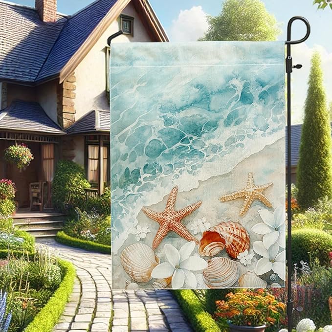 Coastal Ocean Sea Shells Garden Flag, Soft Blue Shells Starfish Outdoor Decor Banner, Double Sided Fabric Yard Flag Summer Lawn Decoration 12x18 Inch