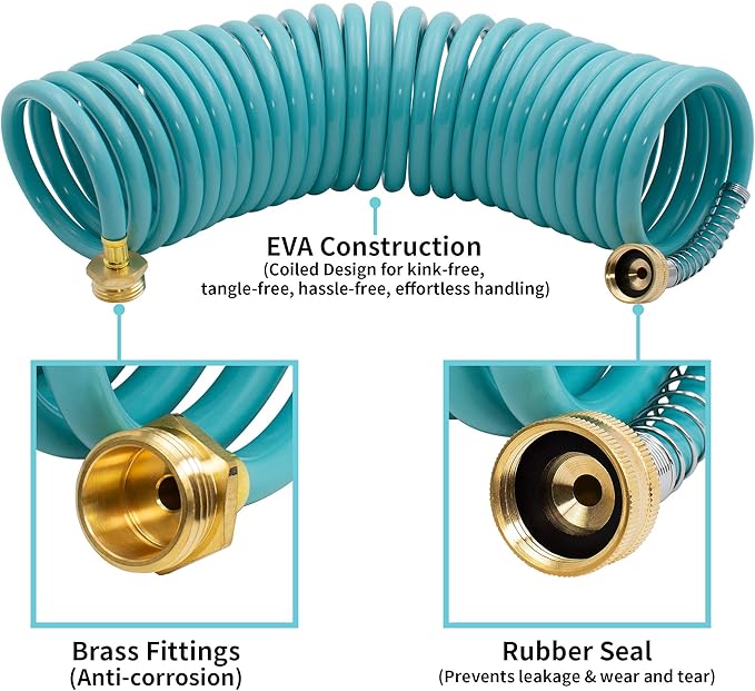 AUTOMAN EVA Recoil Garden Hose 25ft - Includes 7 Pattern Spray Nozzle,Curly Water Hose 25 Foot,Watering Coil,Retractable,Corrosion Resistant Garden Coil Hose.