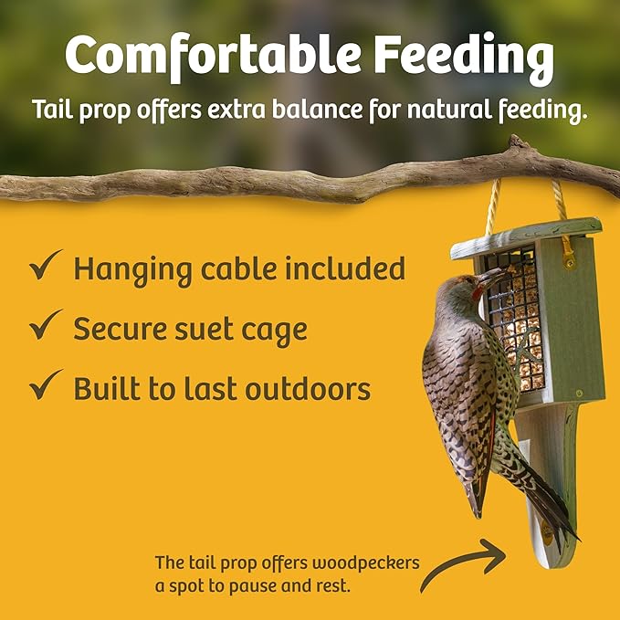 Birds Choice Suet Feeder with Tail Prop, Holds 1 Suet Cake | Hanging Suet Bird Feeder with Roof, Woodpeckers, Jays, Nuthatches | Sturdy for Garden & Backyard | Taupe & Green, 8" L x 3" W x 12" H