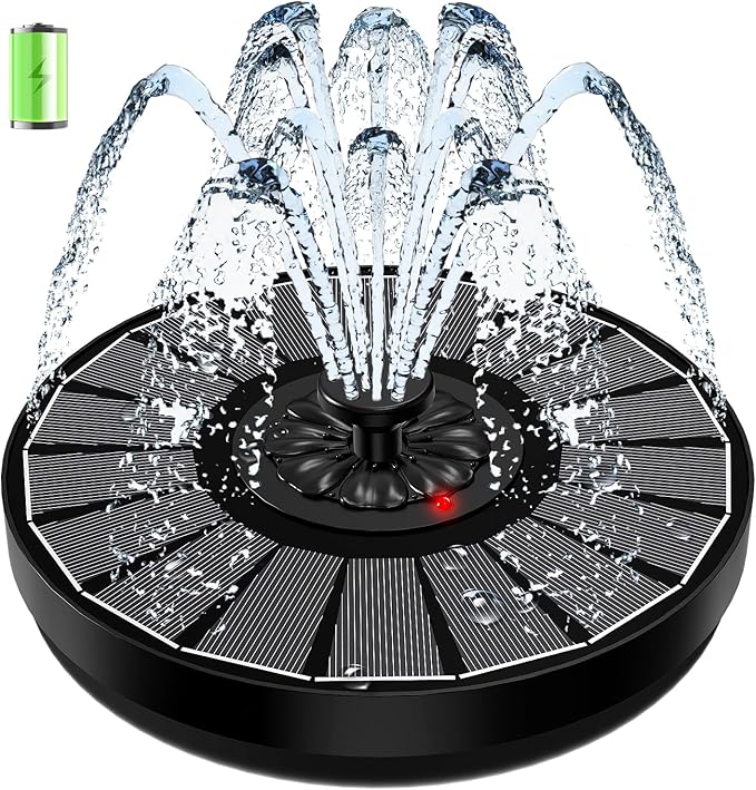 SZMP Solar Fountain Work On Cloudy Day,Solar Water Bird Bath Fountain with Faster Conversion Glass Solar Panel and Power Indicator,Built-in 2000mAh Battery,Outdoor Garden Decor(Black Panel)