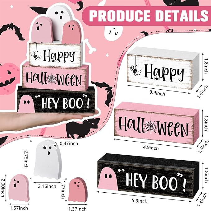 6 Pcs Pink Ghost Halloween Decorations Indoor Pastel Pink Ghost Table Decor Wooden Signs Cute Blocks Rustic Halloween Tiered Tray Decor for Home Office Desk Shelf Mantel