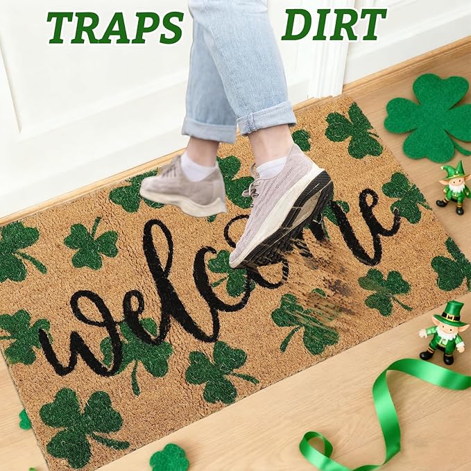 Whaline St. Patrick' s Day Doormat Natural Coir Welcome Floor Mat Green Shamrock Clover Rectangle Entrance Door Rug for Indoor Outdoor Home Bathroom Decor, 16.5 x 29 Inch