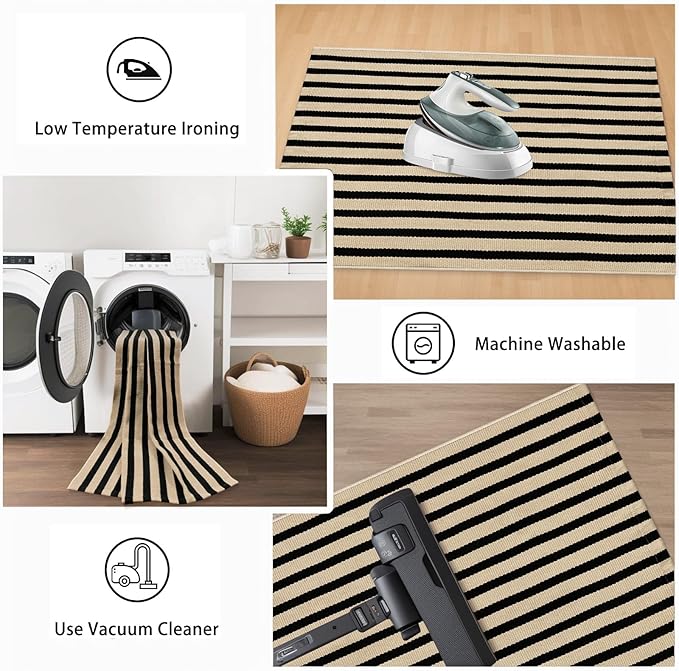 Black and Tan Striped Rugs 2.3'x3.6', Washable Front Door Rug Hand Woven Reversible Outdoor Welcome Mat, Foldable Layered Door Mats for Entryway Porch Decor Home Entrance