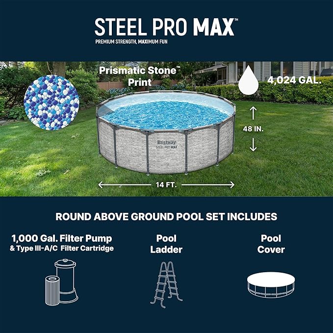 Bestway Steel Pro MAX 14' x 48" Above Ground Pool, Round Metal Frame Outdoor Swimming Pool Set with Filter Pump, Ladder, and Cover, Gray Stone Print