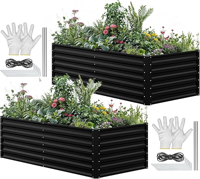 YITAHOME 6x3x2 ft 2pcs Galvanized Raised Garden Bed Kit, Large Metal Planter Box with Gloves & Support Rod, Outdoor Flower Bed for Plants Vegetables, Black