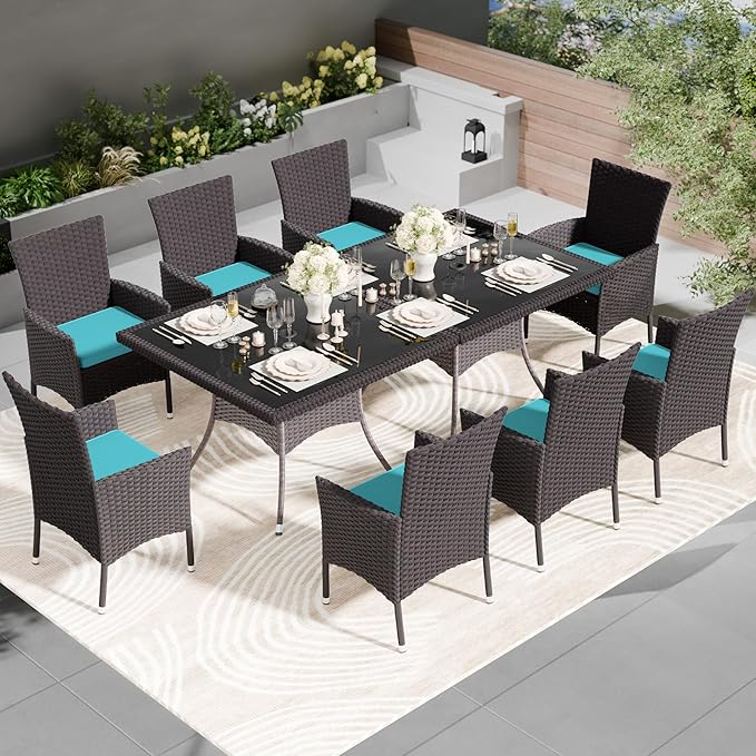 Kullavik 10-Piece Outdoor Dining Set Patio Rattan Furniture Set,Patio Dining Table and Chairs Set with 8 Chairs and Cushions,Square Glass Tabletop with Umbrella Hole for Patio,Blue
