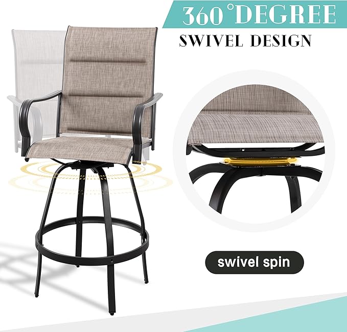 Vongrasig 4 Piece Outdoor Patio Swivel Bar Chairs, All Weather Padded Sling Textile High Top Bar Stools, Bistro Set for Backyard, Lawn Garden, Balcony, Gray