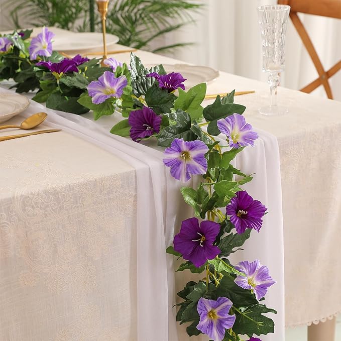JUSTOYOU Artificial Vines Purple Flower Garland Morning Glory Vine for Outdoor Hanging Floral Vines Fake Plant for Home Decor Wall Fence Stairway Indoor Outdoor Wedding Hanging Baskets(2 Pcs)