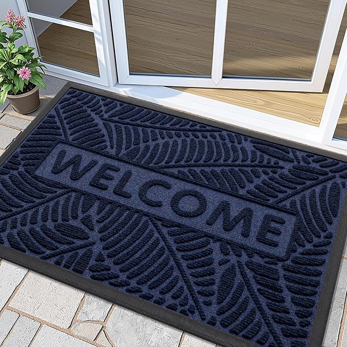 Smiry Welcome Mat Indoor Outdoor, All-Season Waterproof Front Door Mat, Sturdy Natural Rubber Doormat, Non-Slip, Easy Clean, Low Profile Dirt Trapper for Porch Patio Entrance, 47x32, Navy