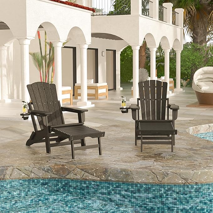 Folding Adirondack Chair with Retractable Ottoman,All Weather Fire Pit Chairs with Cup Holder,Outdoor Chair with Ottoman,Black