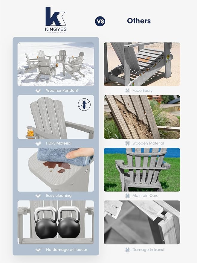 KINGYES Folding Adirondack Chair Set of 8, HDPE All-Weather Patio Chairs with Cup Holder, Wooden Textured Fire Pit Chairs for Poolside, Backyard, Deck, Silver Grey