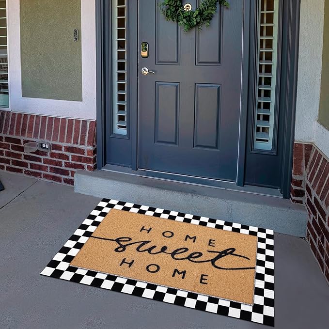 Tinideya 2 Pcs Summer Door Mat Non Slip Wildflower Coastal Hello Sunshine Sweet Home Ocean Pet Welcome Floor Doormat Buffalo Plaid Checked Stripe Mat Seasonal for Front Porch Entryway(Home Sweet)