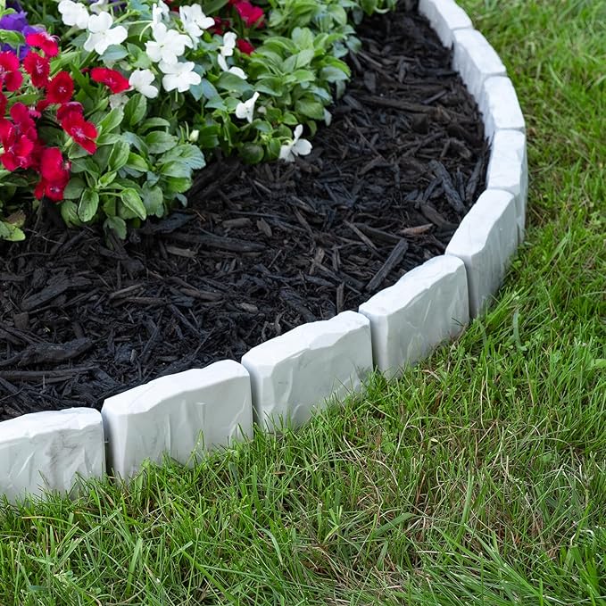 EasyFlex No-Dig Landscape Edging with Anchoring Spikes, 2.7 in. Tall Decorative Stone-Look Garden Border, 60 Foot Kit, Light Gray