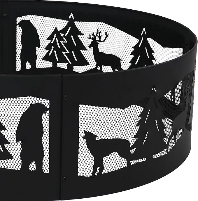 Sunnydaze 36-Inch Outdoor Fire Ring - Portable Metal Fire Pit Ring for Camping or Backyard - 360-Degree Wildlife Cutouts - Forest Wilderness