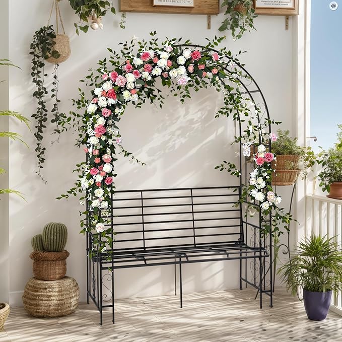 VINGLI Garden Arbor Arch, Wedding Arch Archway for Ceremony Party, Durable Steel Trellis for Plant Climbing, Christmas Decorations Pergola for Backyard, Lawn, Patio, Yard (with Bench)
