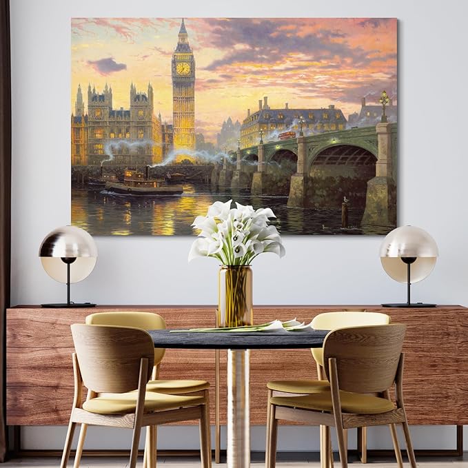 STUDIO HAVEN Thomas Kinkade Canvas Wall Art, London Skyline Big Ben River Thames Stone Bridge Sunset Glow Oil Painting Poster Iconic Cityscape Wall Decor, Framed Prints for Home Decor, 36x24Inch