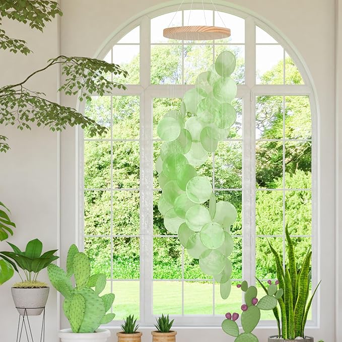 Green Gradient Spiral Shape Capiz Shells Windchime,Shell Wind Chimes for Outside,Coastal Wind Chimes for Indoor/Outdoors,Seashell Wind Chimes,Best Hanging Decor for Balconies,Garden,Yard,Beach