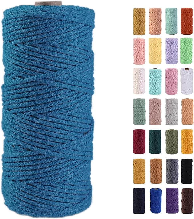 MAOQIAN Lake Blue Macrame Cord 3mm x 109Yards,Colorful Cotton Cord Colored Cotton Rope Soft Craft Cord for Wall Hanging Plant Hangers Crafts Decorative Projects