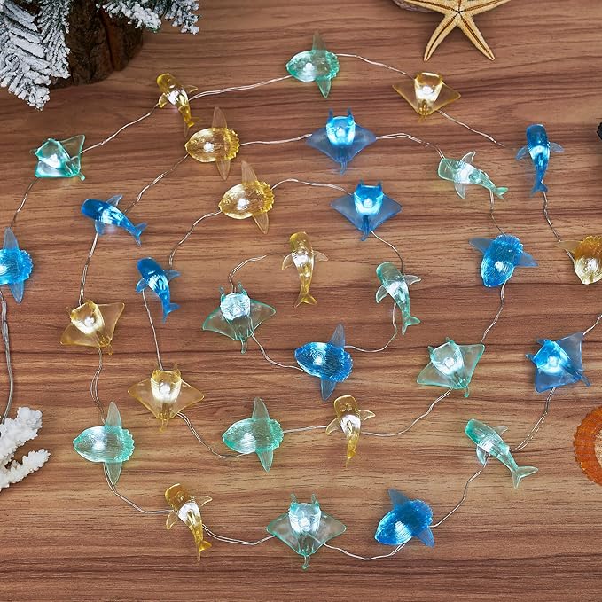 Outdoor Solar Garden Lights - Nautical Sea Life Decorative Fairy String Lights with 40 LED, 14ft Beach Tree Decor (Whale Shark, Sunfish, Manta Ray)