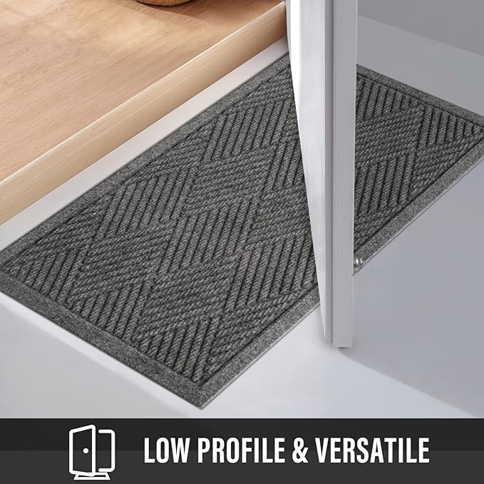 Sturdy Front Door Mat, Absorbent Muddy Dirt Resist Welcome Door Mats Outdoor Indoor, Stain and Fade Resistant, Non-Slip Rubber Backing Low Profile Doormat for Entryway, 30×17, Grey
