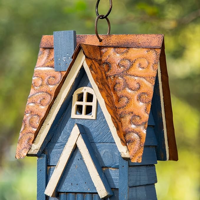 Glitzhome 12" H Hanging Birdhouse Retro Blue Distressed Wooden Cottage Garden Bird House for Outside