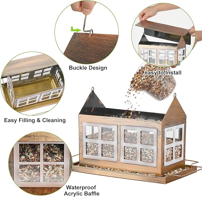 Bird Feeders, Heavy Duty Metal Bird Feeder for Outdoors Hanging, Weatherproof Large Capacity Wild Birdfeeder for Outside Garden Yard, Country House Shape (Horizontal)