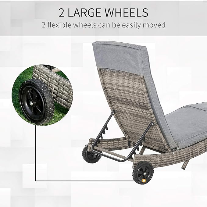 Outsunny Wicker Chaise Lounge Chair Outdoor PE Rattan Cushioned Patio Sun Lounger with 5-Level Adjustable Backrest & Wheels for Easy Movement, Mixed Gray