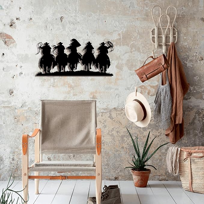 LIYAOLI 3D Vintage Western Wall Decor,Black Metal Cowboy Wall Art Hanging Riding Rustic Cowboys Party Decorations Farmhouse Home Decor,Metal Wall Sculptures for Living Room,Bedroom