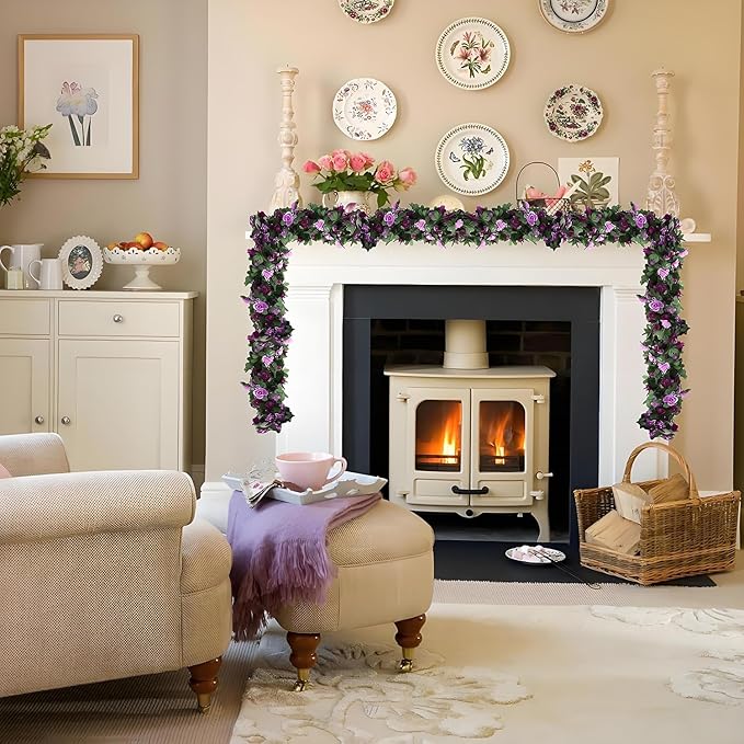 5 Pcs 8FT Flower Garland Artificial Flowers for Outdoors Fake Rose Vine Ivy Silk Flowers for Decoration/Anniversary/Wedding Birthday/Christmas/Home Decor/Garden Decor (Purple)