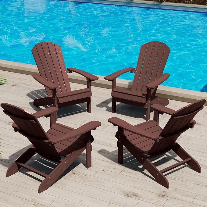 YEFU Adirondack Chairs Set of 4: Outdoor Chair HIPS Plastic Adirondack Chairs - Patio Chairs with Wood Texture - Lawn Fire Pit Deck Porch Garden Chairs for Adults (Coffee)