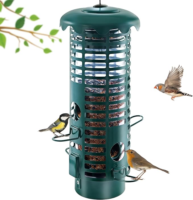Squirrel Proof Bird Feeder Metal Mesh for Outdoors Hanging Weight Activated Perches,Weatherproof Wild Bird Feeders for Finch, Cardinal Chickadee, Blue Jay 2LB Seed Capacity(Green)