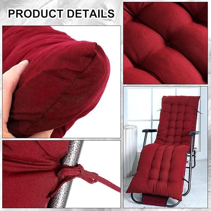 Bucherry 67 x 19 Inch Chaise Lounge Cushions Soft Lounge Chair Cushion Gravity Chair Cushion Sofa Lawn Furniture Cushion Pad with 6 Tie for Outdoor Indoor Patio Home Without Headrest (Wine Red,2 Pcs)