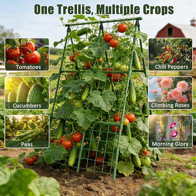 Miory Cucumber Trellis for Raised Beds, 2 Pack 32 x 48 Inch Metal A-Frame Garden Trellis, Connectable to 63 Inch Length, Climbing Plant Support with Netting for Cucumber Tomato Bean Pea