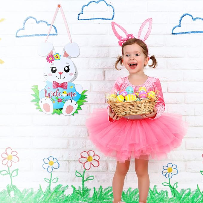 Jetec 2 Pieces Easter Door Decorations Glitter Happy Easter Egg Hunt Wooden Hanger Easter Egg Bunny Hanging Door Wall Welcome Sign for Home Indoor Outdoor Easter Decor Supplies
