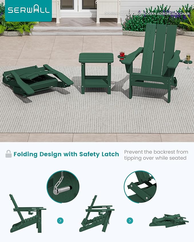 SERWALL Modern Adirondack Chair Set of 2, Folding Adirondack Chair with Cup Holders, Fire Pit Chairs, Lawn Chair for Patio Garden, Green