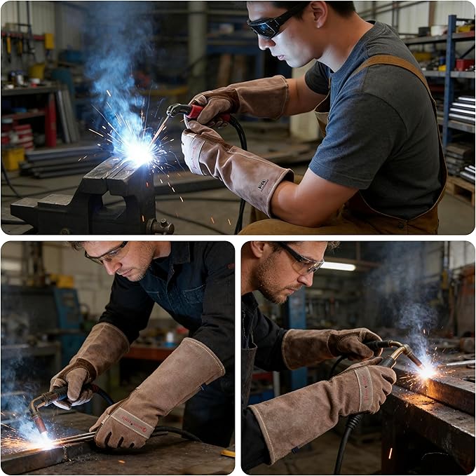 Leather Welding Gloves for Men, Welders Gloves Fireproof and Heat Resistant Mitts for Barbecue, Cooking, Firefighting, Fireplace, Oven, Baking, Stove, Pot Holder, Yark Work Thorn Proof