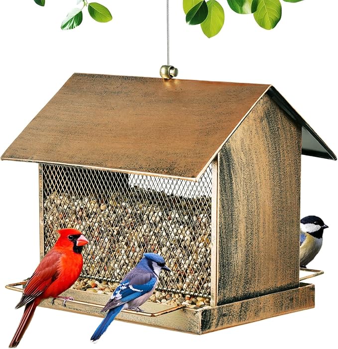 Bird Feeder, Heavy Duty Metal Wild Birdfeeder with Buckle for Outdoor Garden Yard Outside Hanging, House Shape Large Capacity