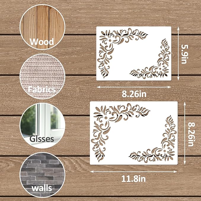 6Pcs Craft Stencils for Painting Vintage, Vintage Paint Stencils for Furniture Corner, Stencil Corners for Wood Canvas Paper Fabric Floor DIY Art