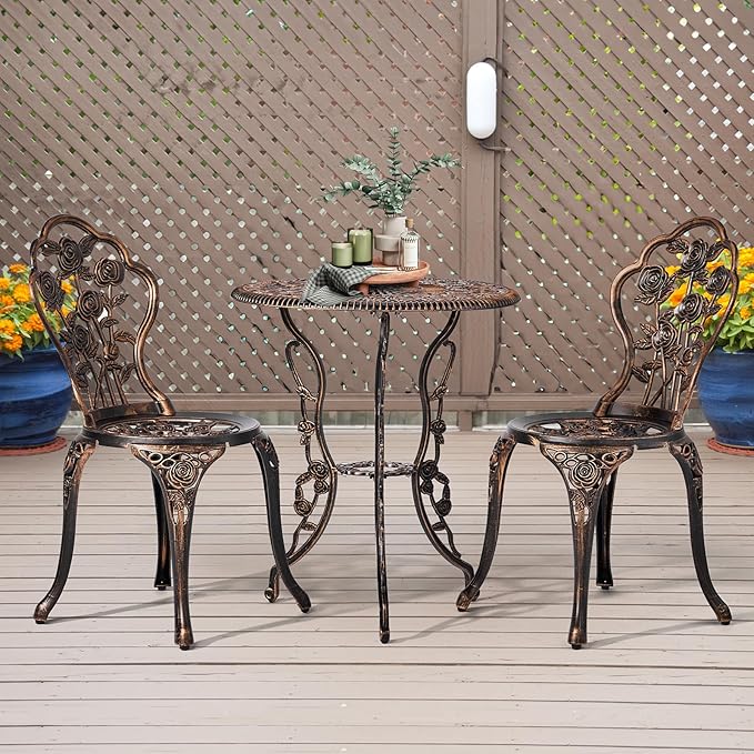 VINGLI 3 PCS Outdoor Bistro Set, Outdoor Patio Set, All-Weather Cast Aluminum Bistro Table Set, Bistro Table and Chairs Set of 2 for Backyard, Garden, Balcony (Bronze, Rose)