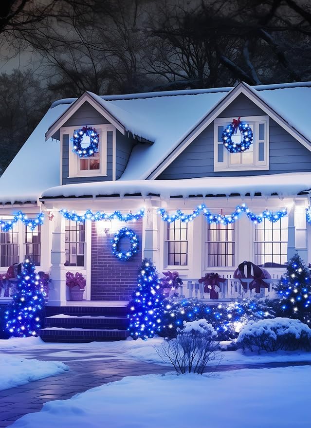 Minetom Solar Christmas Lights, 2 Pack Total 80FT 200 LED with 8 Modes, Outdoor Waterproof Decoration, Blue & Pure White