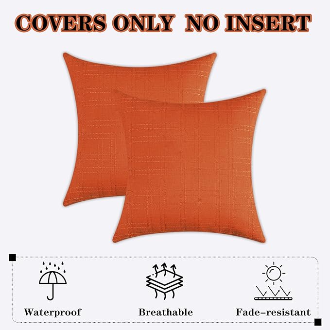 Kevin Textile Fall Outdoor Waterproof Throw Pillow Covers Decorative Farmhouse Water Resistant Checkered Cushion Covers for Tent Patio Garden Couch Sofa Pack of 2 (24x24 Inch Orange)