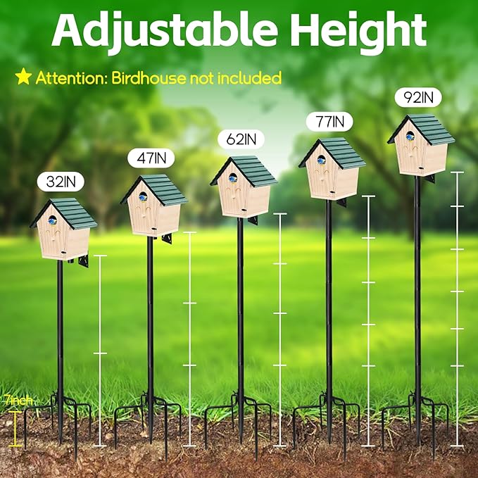 Bird Feeder Pole - 92 Inch/8ft Heavy Duty Bird Feeding Stand with Mount Kit, Adjustable Birdhouse Pole for WildBird Outdoor Garden, Slip-Fit Connection, Black, Stable 5-Prong Base